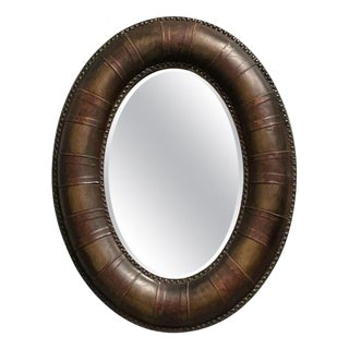 Oval Studded Brown Leather Cushion Wall Mirror For Sale