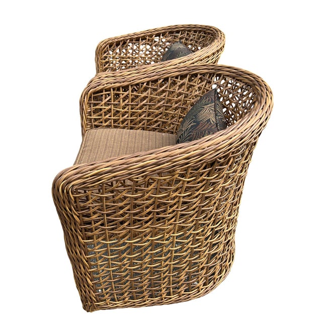 Pair of Palecek Style Woven Rattan Barrel Chairs Coastal Organic Modern For Sale - Image 4 of 6