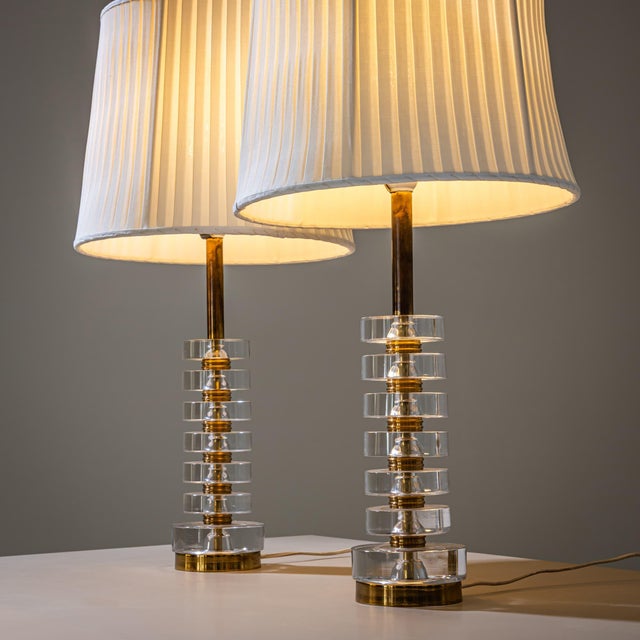 Orrefors Mid-20th Century Glass and Brass Table Lamps by Carl Fagerlund for Orrefors - Pair For Sale - Image 4 of 13