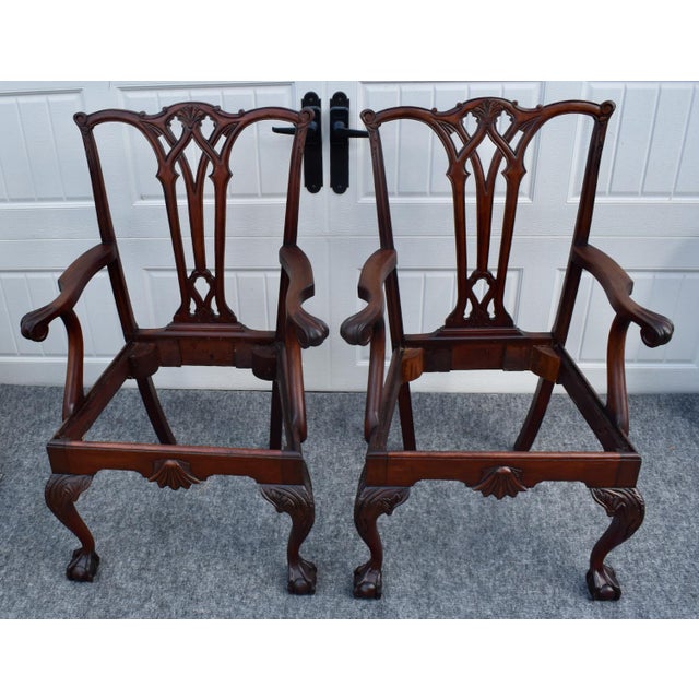 Antique Pair Mahogany Armchairs Chippendale Style Carved Ball Claw Foot Dining For Sale - Image 17 of 18