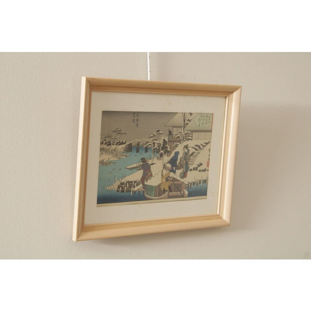 Japanese Utagawa Hiroshige Japanese Woodblock Print, 'Snow Viewing at the Uekiya Restaurant at Mokubo Temple' For Sale - Image 3 of 12