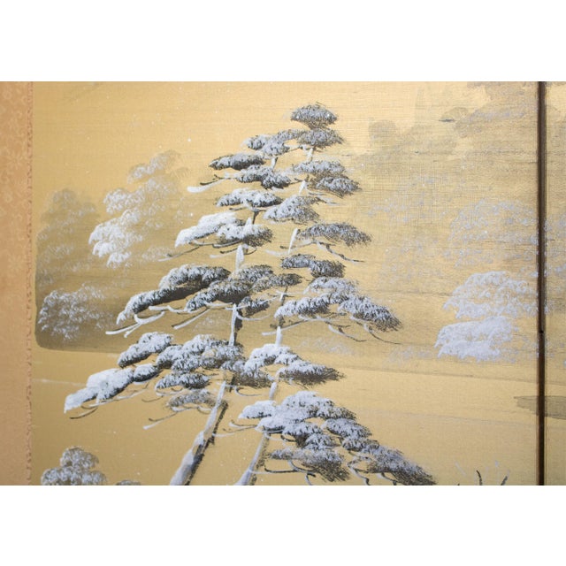 1960s "Winter Landscape With Temple", Showa Era Japanese Silk Byobu Screen For Sale - Image 13 of 18