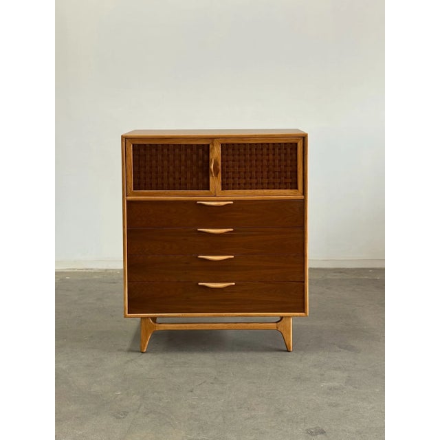 W40 D19 H48.5 Vintage Lane highboy fully restored with smooth sliding drawers, sculpted base, original basket weave door...