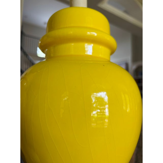 Pair Vintage MCM Yellow Crackle Glaze Ceramic Ginger Jar Table Lamps For Sale - Image 4 of 12