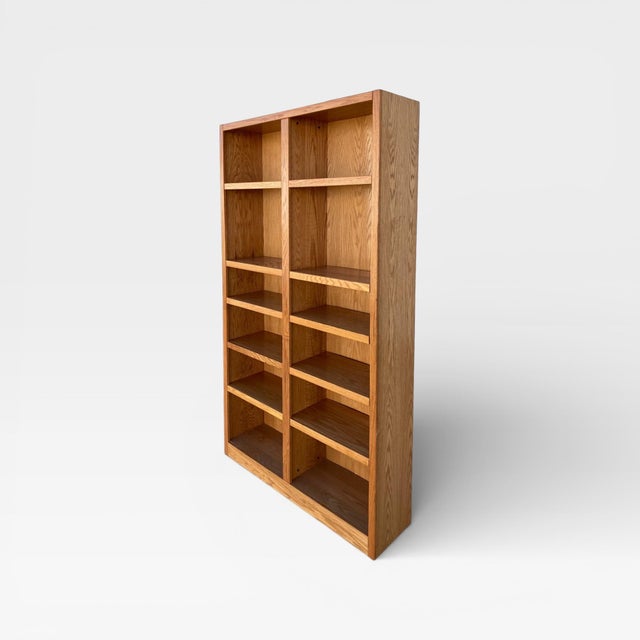 Modern Vintage Oak Double-Column Bookcase, Tall Open Shelving Cabinet For Sale - Image 3 of 8