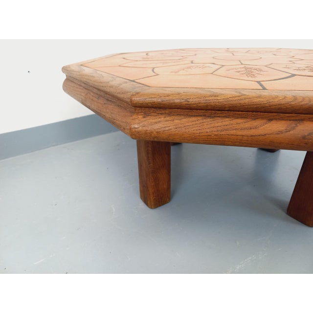 Octagonal Oak Coffee Table from Barrois with Vallauris Ceramic Herbarium Top, 1960s For Sale - Image 13 of 17