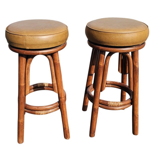 Set of Four Mid Century Bamboo Swivel Bar Stools For Sale In Washington DC - Image 6 of 8