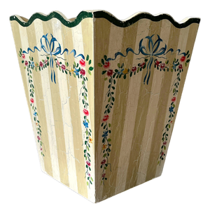 Hand-Painted Wooden Wasetbasket With Romantic Floral Swags, Bows and Stripes by Jane Keltner
