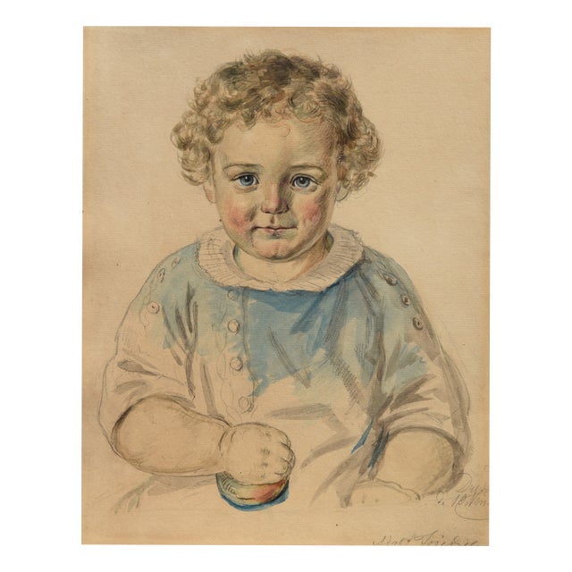 Gustav Adolf Friedrich, Child Portrait, 1851, Watercolor, Framed For Sale