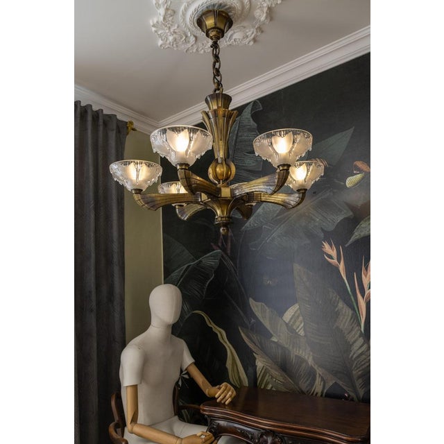 French Art Deco Six-Light Bronze & Frosted Glass Chandelier, 1930s For Sale - Image 9 of 18