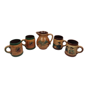 Vintage Pennsbury Pottery Pennsylvania Dutch Pitcher & Mug Set - Five Pieces