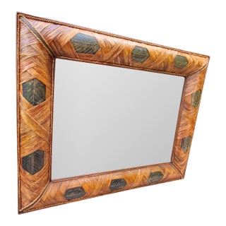 Vintage Wrapped Rattan Brass Leaf Mirror For Sale