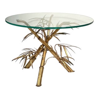 Vintage Italian Gold Gilt Metal Glass Faux Bamboo Side Table Hollywood Regency For Sale