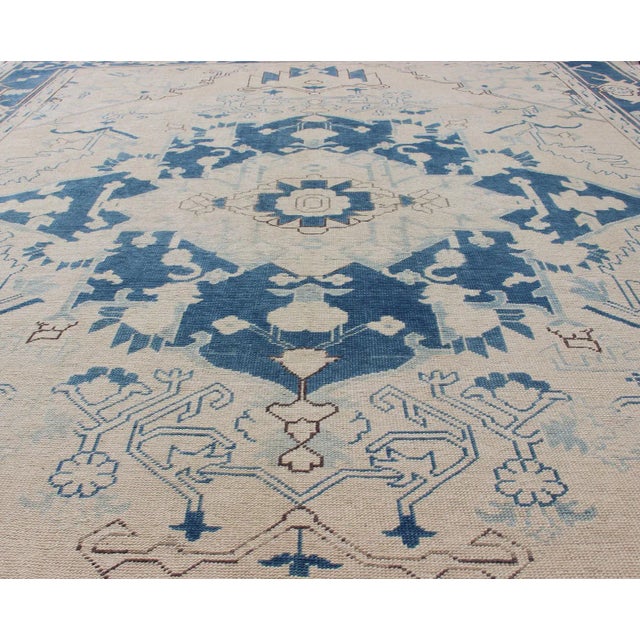 Mid 20th Century Blue and Ivory Floral Vintage Turkish Oushak Rug With Blossoming Medallion For Sale - Image 5 of 12
