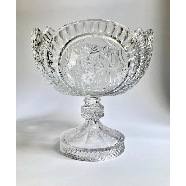 Early handcrafted etched and frosted Clear Crystal Pedestal Serving Bowl. Centerpiece Bowl. Compote. Fruit. Dessert....
