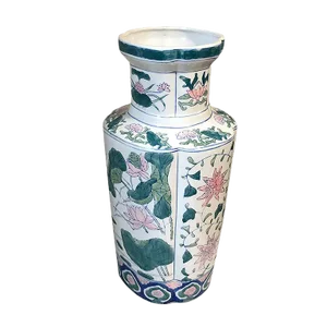 Late 19th Century Blue Pink Pastel Ceramic Porcelain Famille Chinoiserie Quatrefoil Chinese Vase