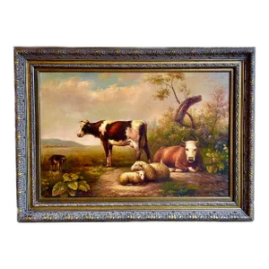 Vintage "Serene Pasture" Cow & Sheep Oil Painting