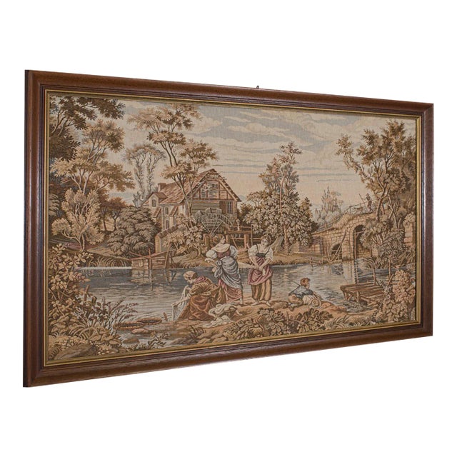 1930s Vintage French Needlepoint Panoramic Tapestry For Sale