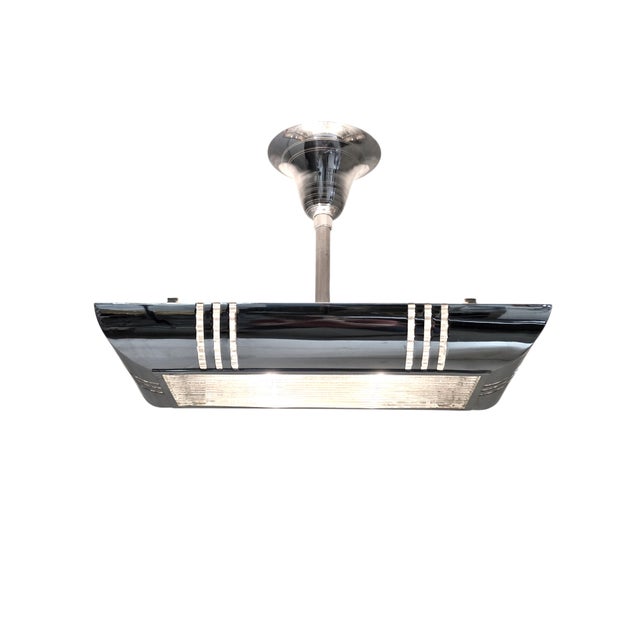 Mid 20th Century French Modernist Art Deco Billiard Chandelier Highly Polished Nickel & GlassRods For Sale - Image 14 of 18