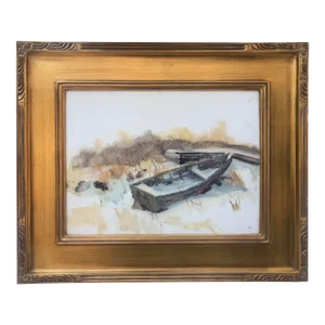 Vintage American Impressionist Oil Painting Boat in Winter on Long Island New York by Harry Barton