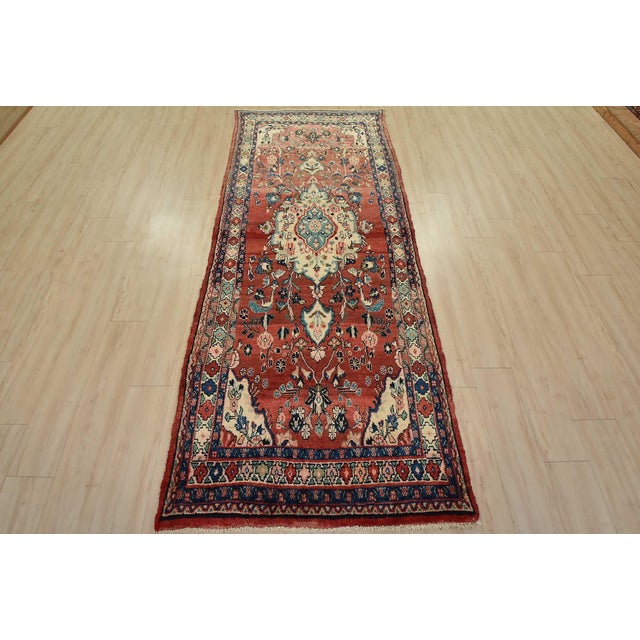 Farmhouse Malayer Runner 3’9” X 9’4” Red Wool Semi-Antique Traditional Hand-Knotted Rug For Sale - Image 3 of 15