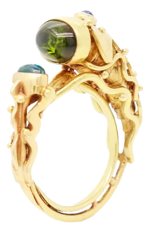 Modernist Hand Made 18k Gold & Gem-Set Figural Cicada / Insect Ring