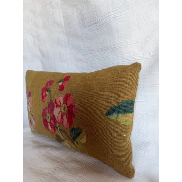 French 1850s Antique Aubusson Floral Lumbar Pillow in Olive Gold Design For Sale - Image 3 of 7