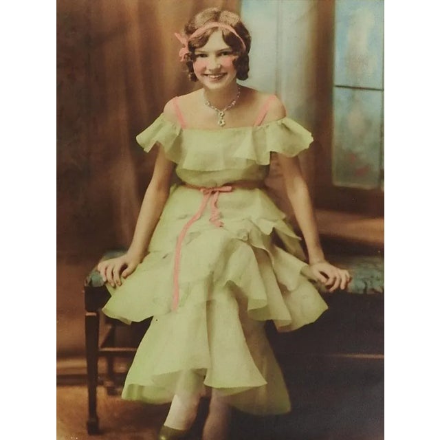 Vintage 1920's Hand Tinted Glamour Photograph Seated Young Woman Paris Texas For Sale - Image 4 of 4