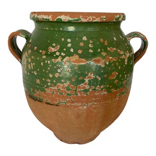 Antique French Green Partially Glazed Pottery Vase With Handles For Sale