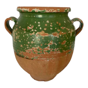 Antique French Green Partially Glazed Pottery Vase With Handles