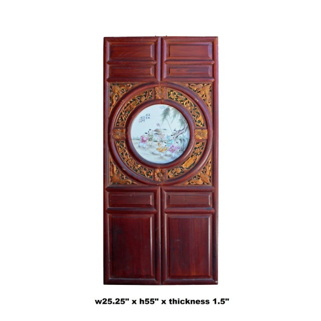 This is a vintage wooden wall decor panel screen with a brown stain finish. It has precise relief carving motif...