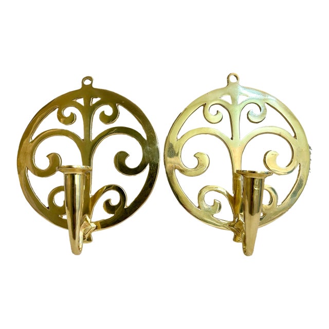 Late 20th Century Virginia Metal Crafters Brass “Tree of Life” Candle Wall Sconces - A Pair For Sale