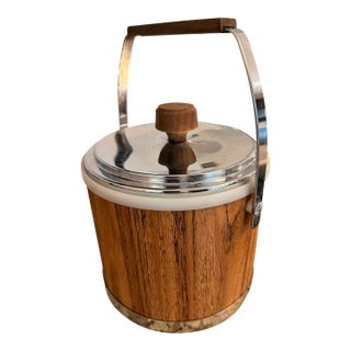 Vintage Kromex Faux Woodgrain Ice Bucket, Mid-Century Modern Barware For Sale