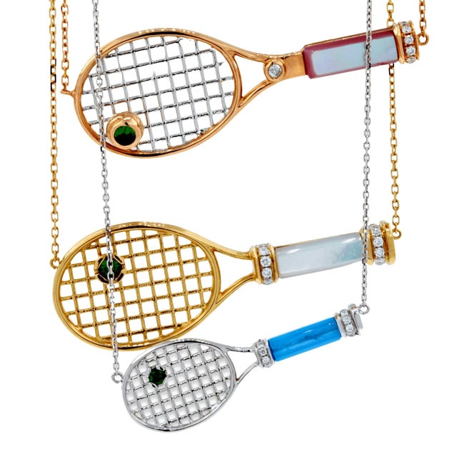 Tennis Racket White Mother of Pearl Handle Green Emerald Tennis Ball Jewelry 18 For Sale - Image 4 of 8