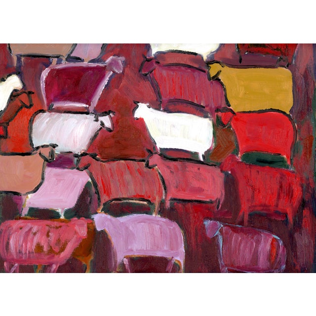 Red Birds, Sheep and Angels, Modern Impressionist Pastoral Landscape Oil Painting, Signed For Sale - Image 8 of 11