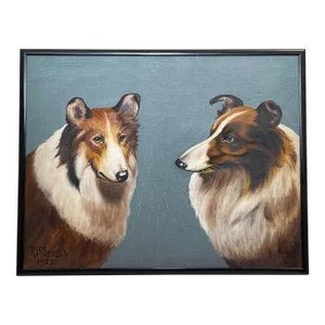 British Oil Painting Scottish Highland Brown & White Rough Collie Dogs Follower Benedict Angell Hyla