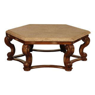 Century Furniture Tuscan Style Large Travertine Top Hexagonal Coffee Table For Sale