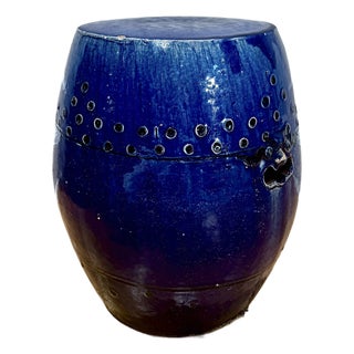 Antique Chinese Export Cobalt Blue Glazed Garden Stool, Mask Handles For Sale