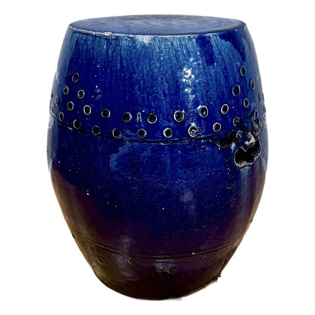 Antique Chinese Export Cobalt Blue Glazed Garden Stool, Mask Handles For Sale