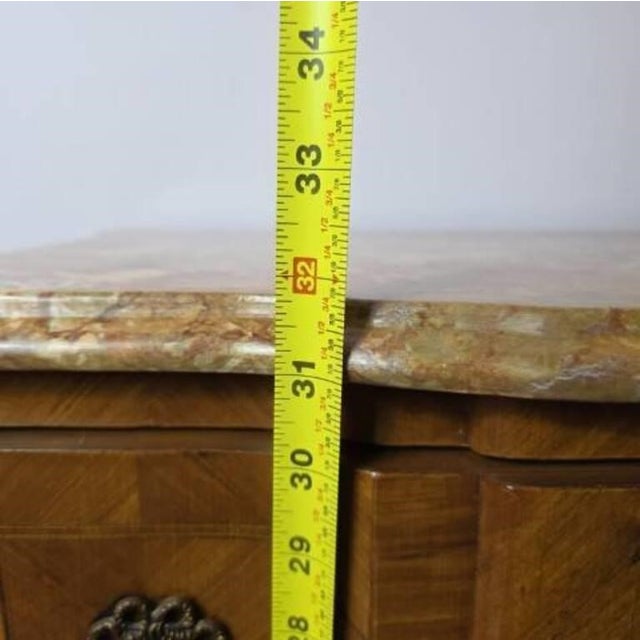 Vintage Louis XVI Style Wood Inlay Marquetry Cabinet, Commode, or End Table, Marble Top, Brass Fixtures and Trim For Sale - Image 10 of 12