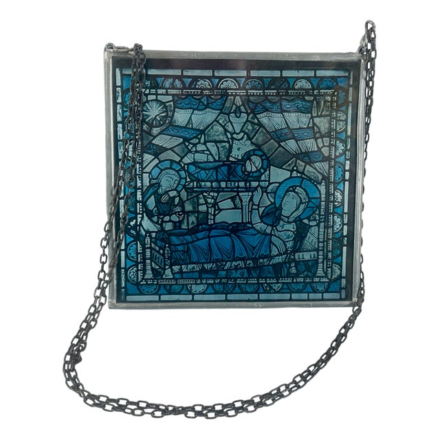 French Hand-Painted Stained Glass Hanging Window Panel, 1950s For Sale