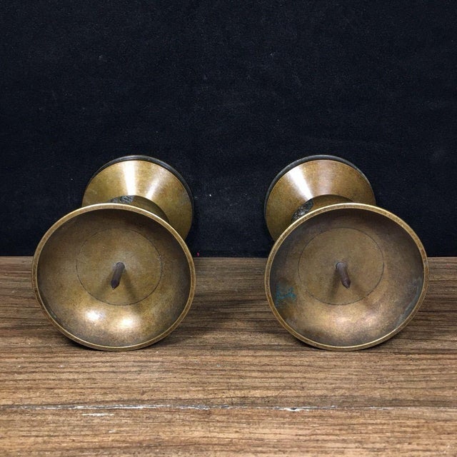 1940s Pair of Vintage Brass Altar Candlesticks With Calligraphy - Asian Candle Holders For Sale - Image 5 of 9