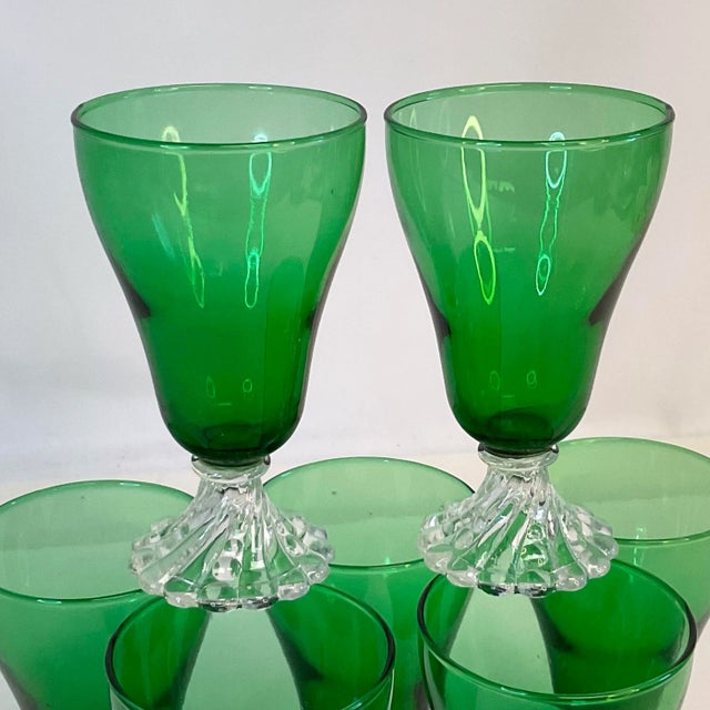 Early 20th Century Antique Art Deco Depression Green Glass Toasting Goblets/Parfait Cups - Set of 7 For Sale - Image 5 of 6