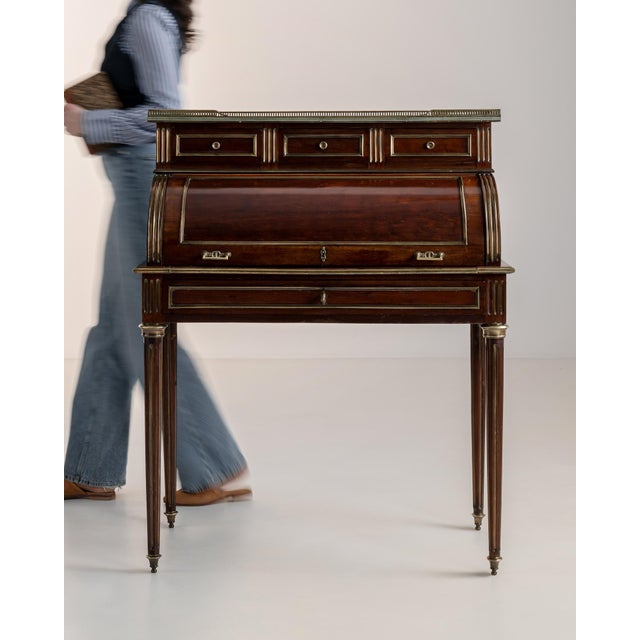 19th Century Louis XVI Cylinder Desk With Marble Top & Brass Accents For Sale - Image 12 of 15