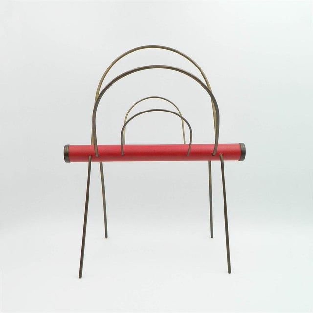 Mid-Century Modern Brass Magazine Rack with Red Leather For Sale - Image 3 of 10