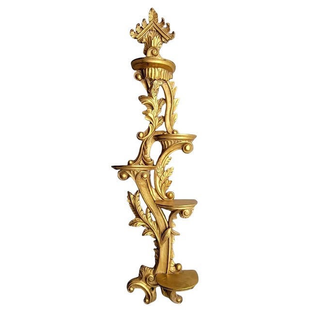 Mid 20th Century Large Vintage Italian Carved Giltwood Rococo 5-Tier Wall Display Shelf, 44" For Sale - Image 5 of 8