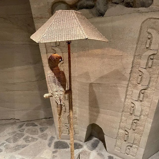 Brown 1970s Tropical Wicker Parrot Floor Lamp Attributed Mario Lopez Torres Mexico For Sale - Image 8 of 15
