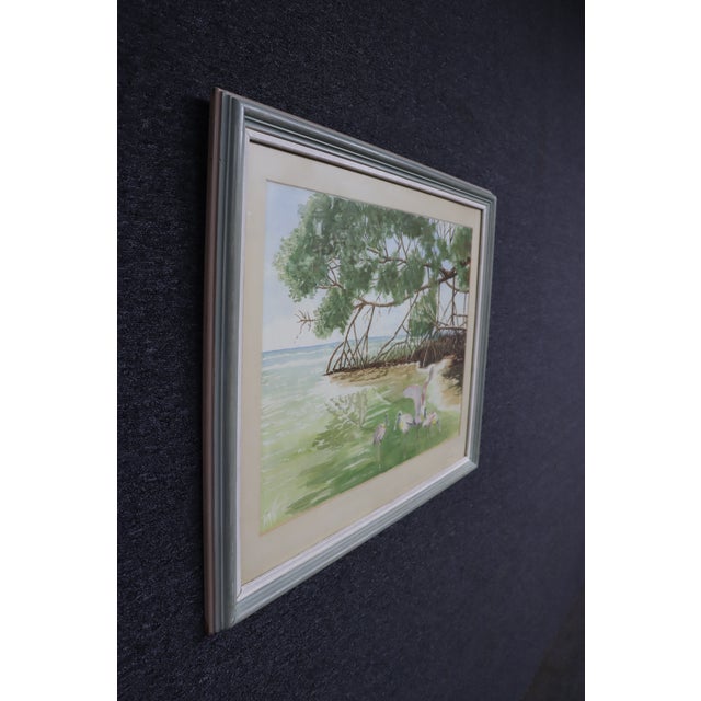 Original watercolor by Tom Morris, depicting a serene coastal landscape with mangroves and wading birds. Soft, natural...
