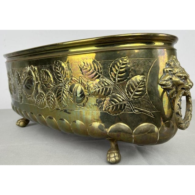 Vintage Brass Footed Planter with Floral Lion Handles For Sale - Image 5 of 18