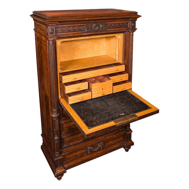 Antique Tallboy Correspondence Desk, French, Kingwood, Escritoire, Victorian For Sale